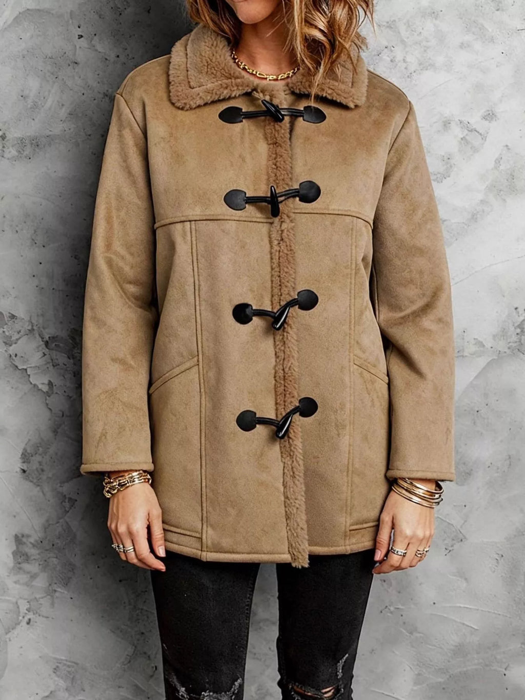Faux Suede Sherpa Lined Toggle Coat