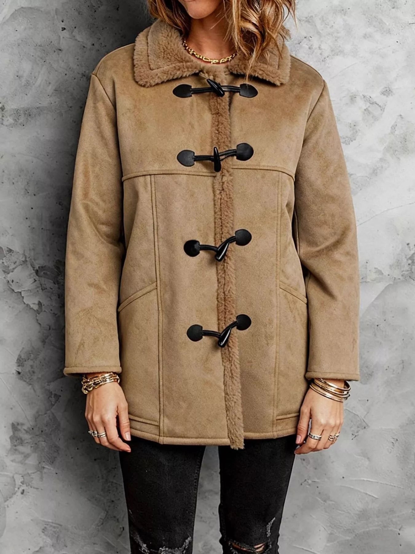 Faux Suede Sherpa Lined Toggle Coat