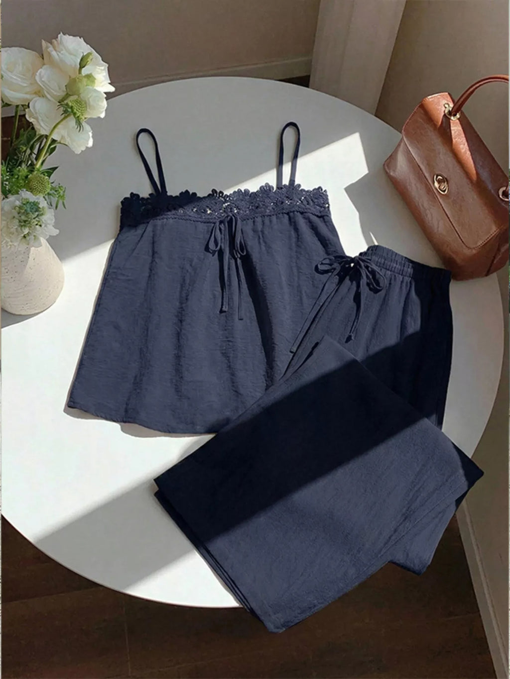 Lace Trim Cami and Wide-Leg Pants Set