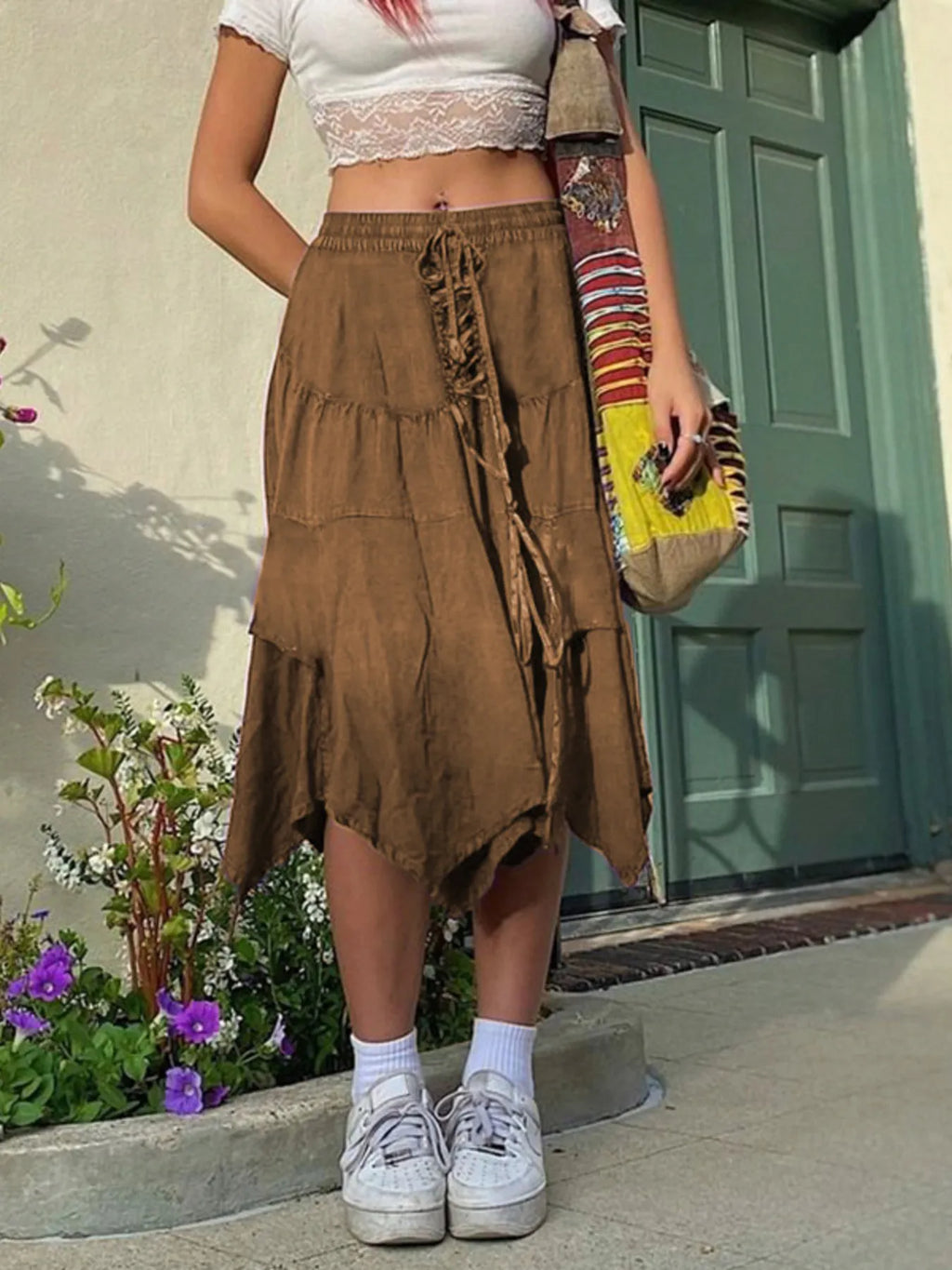 Asymmetrical Hem Midi Skirt with Drawstring Waist