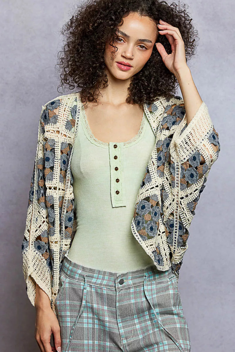 POL Open Front Floral Crochet Cardigan