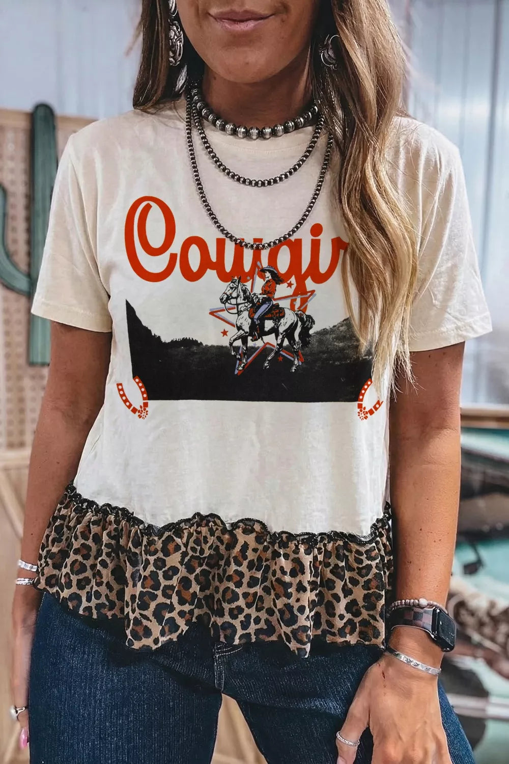 COWGIRL Print Leopard Ruffle Hem Patchwork T Shirt