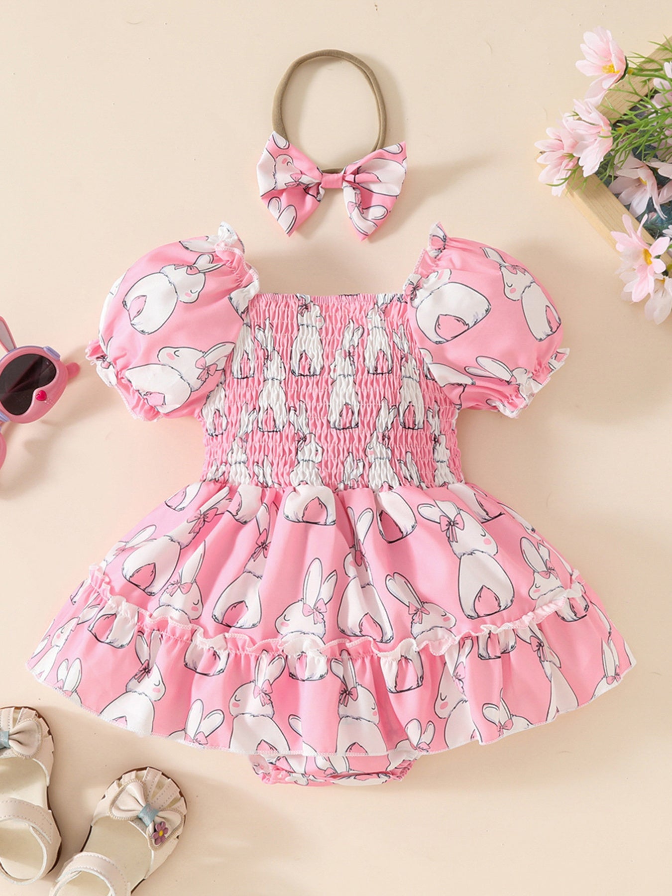 Children's Bunny Print Smocked Dress & Headband Set