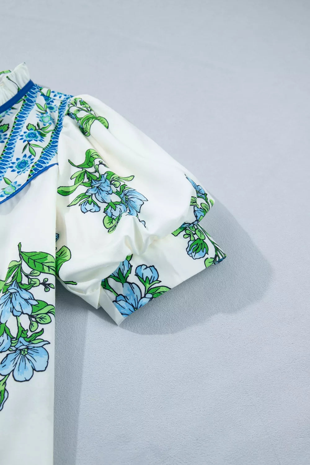 Floral Print Contrast Trim Tie Neck Blouse