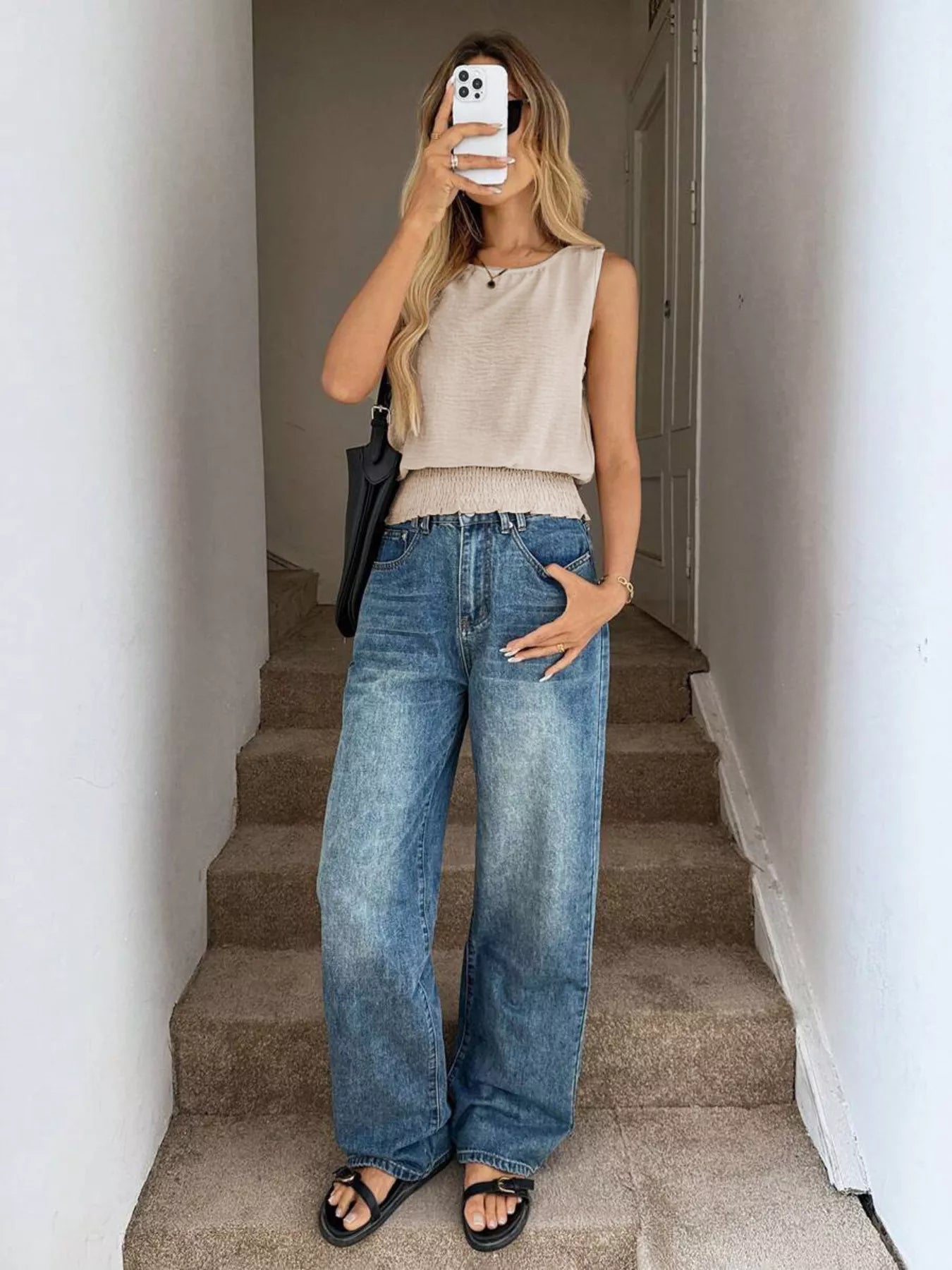 Smocked Round Neck Tank