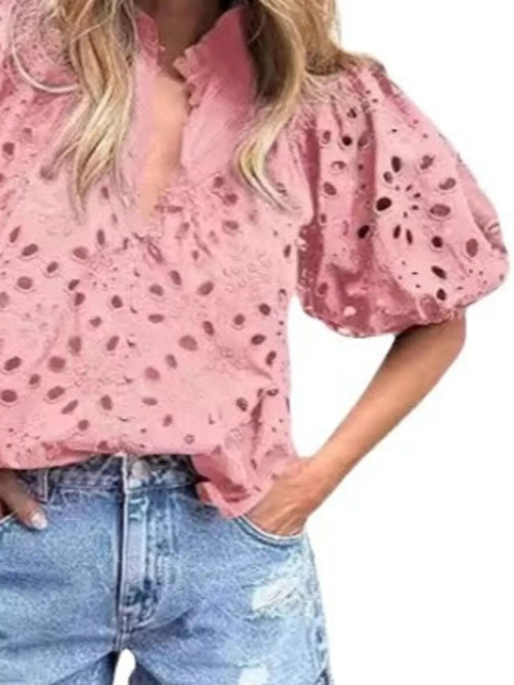 Eyelet Embroidered Puff Sleeve Blouse