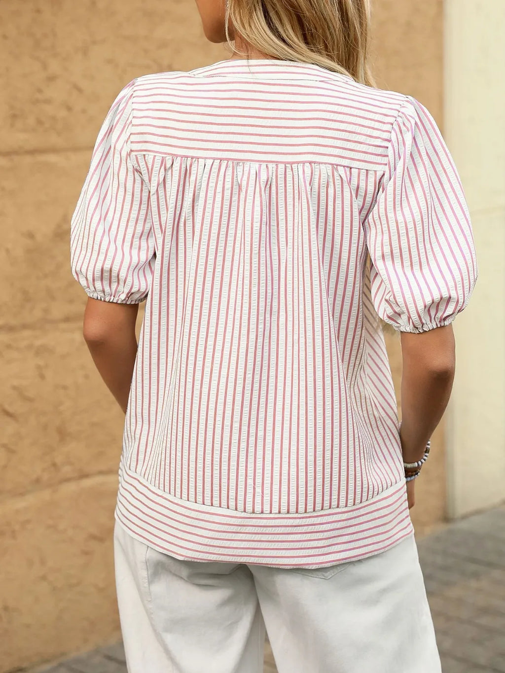 Striped Notched Puff Sleeve Blouse