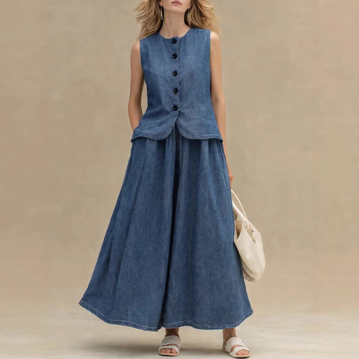 Women's Crew Neck Denim Vest Top & High-Waist A-Line Skirt Set – 3 Colors S–XXL