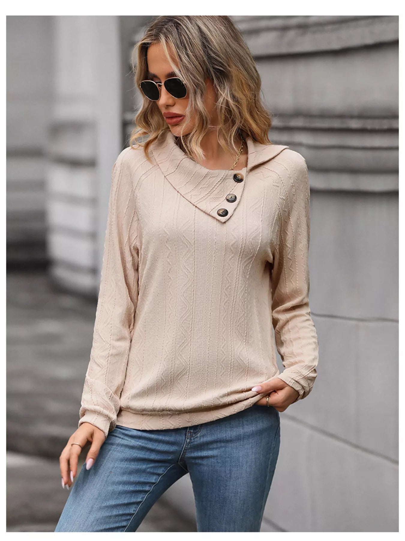 Button-Decor Long Sleeve Textured Top