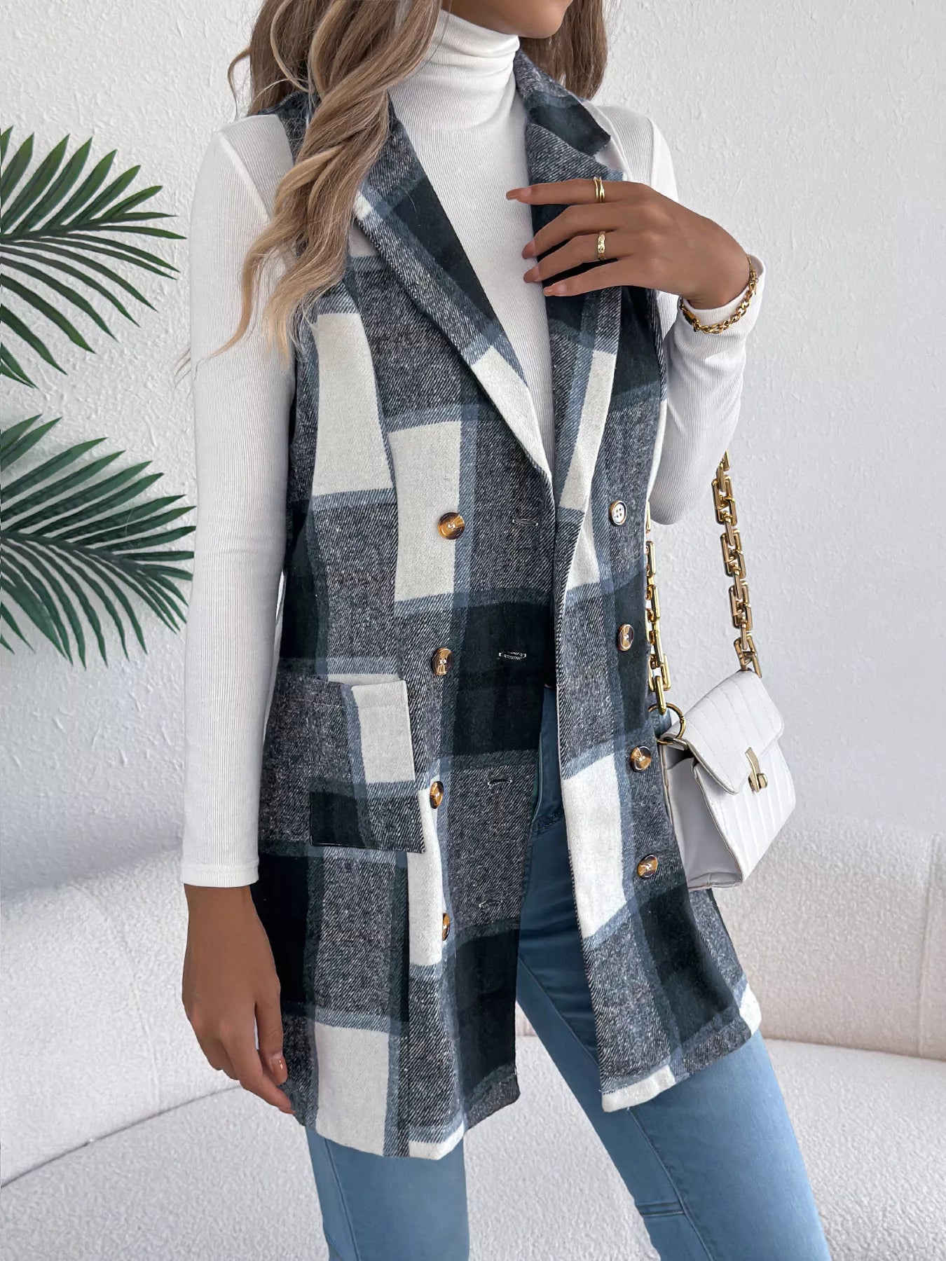 Plaid Double-Breasted Vest Coat