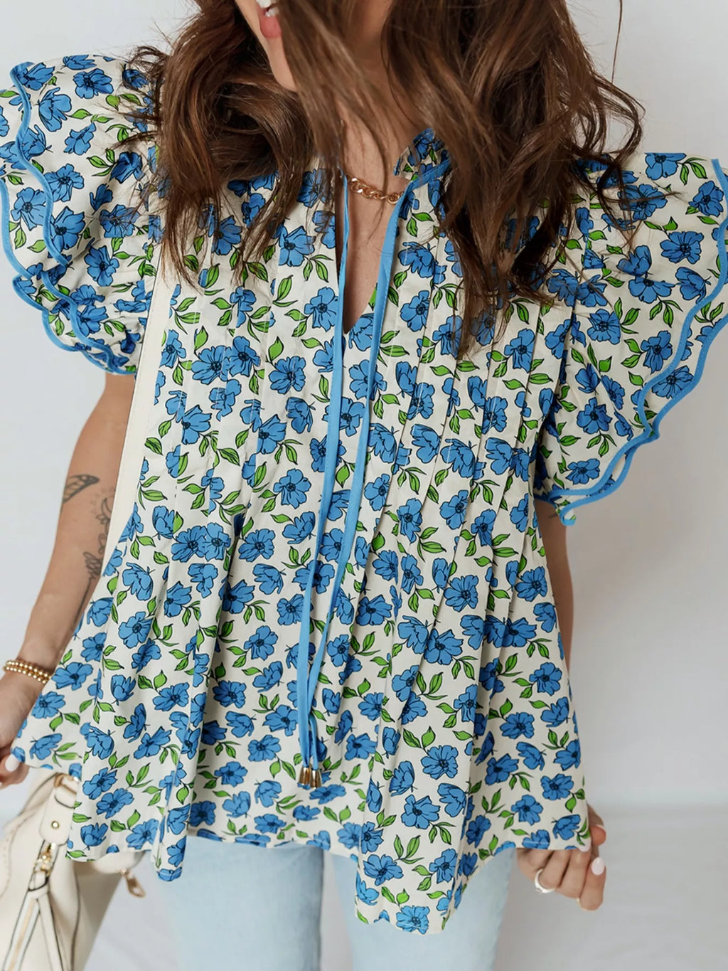 Floral Print Ruffle Sleeve Tie Neck Blouse