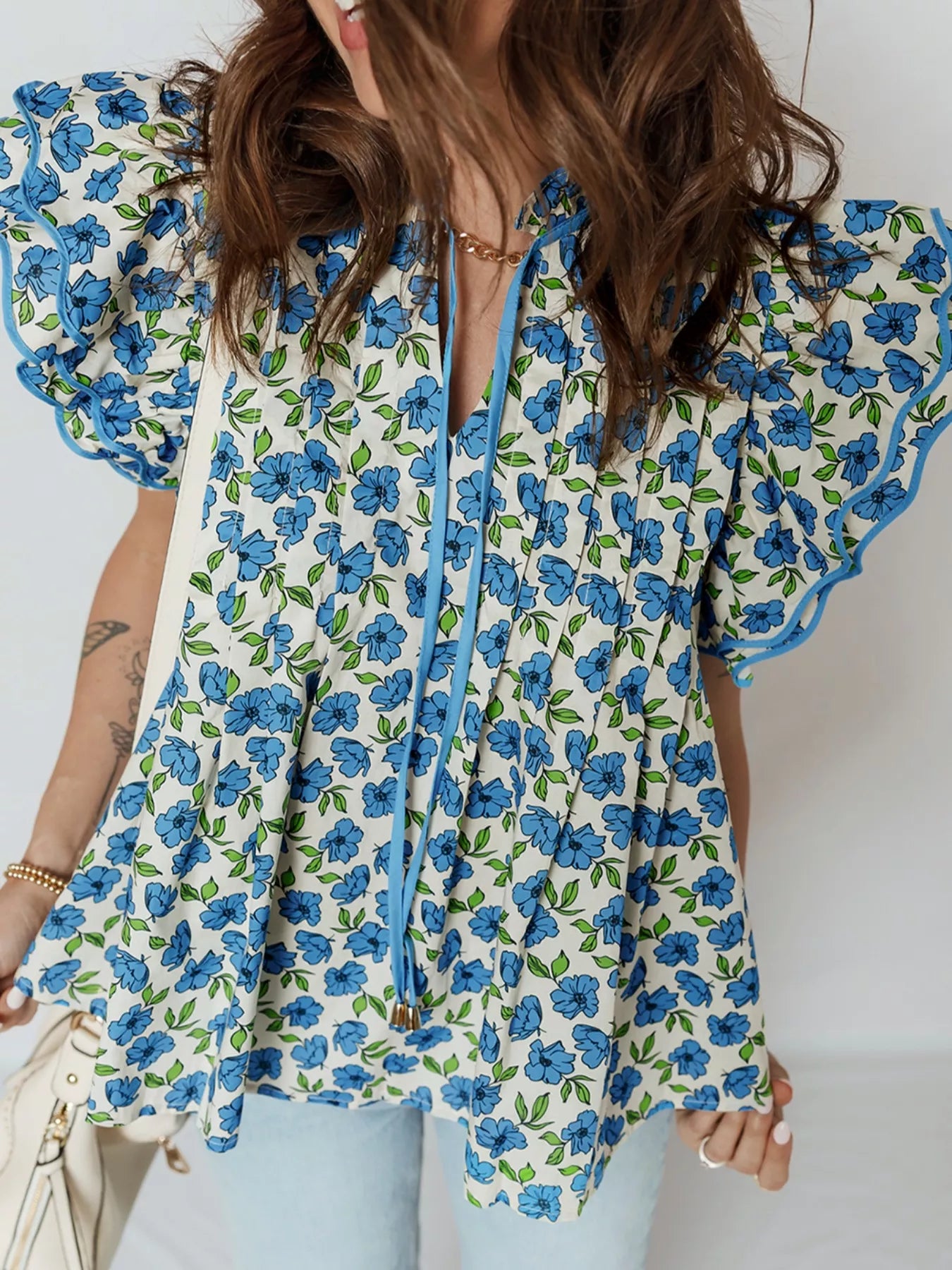Floral Print Ruffle Sleeve Tie Neck Blouse