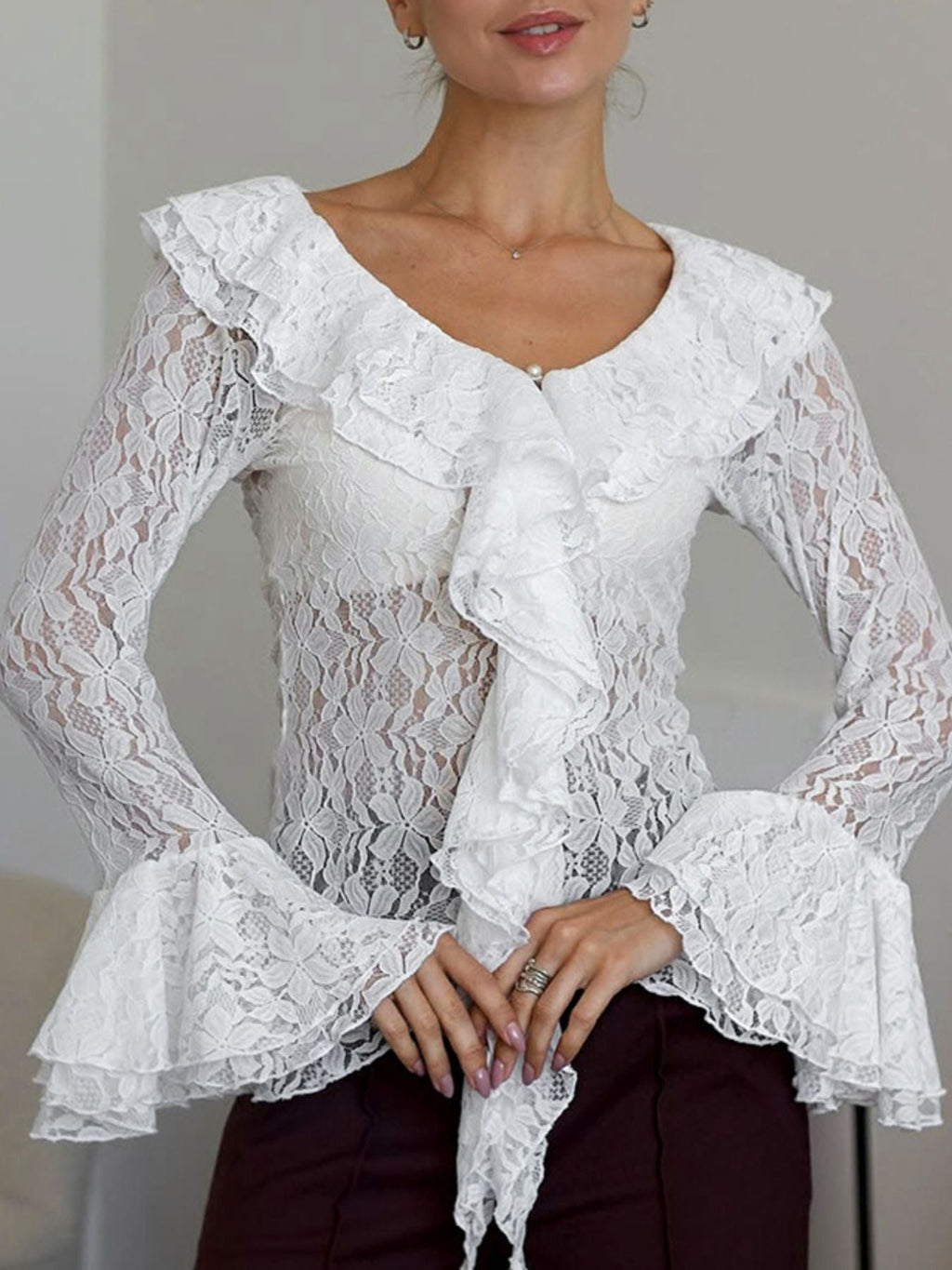 Ruffle Lace Flounce Sleeve Blouse