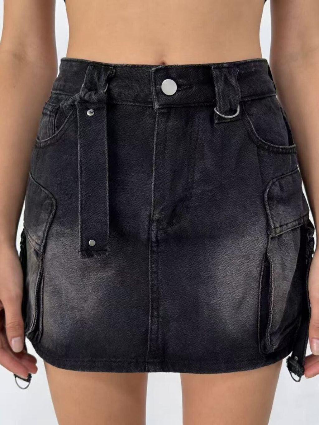 Washed Cargo Denim Skirt