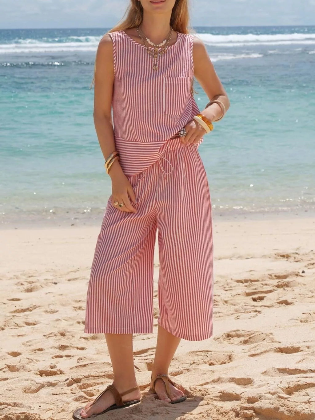 Striped Sleeveless Top and Cropped Pants Set