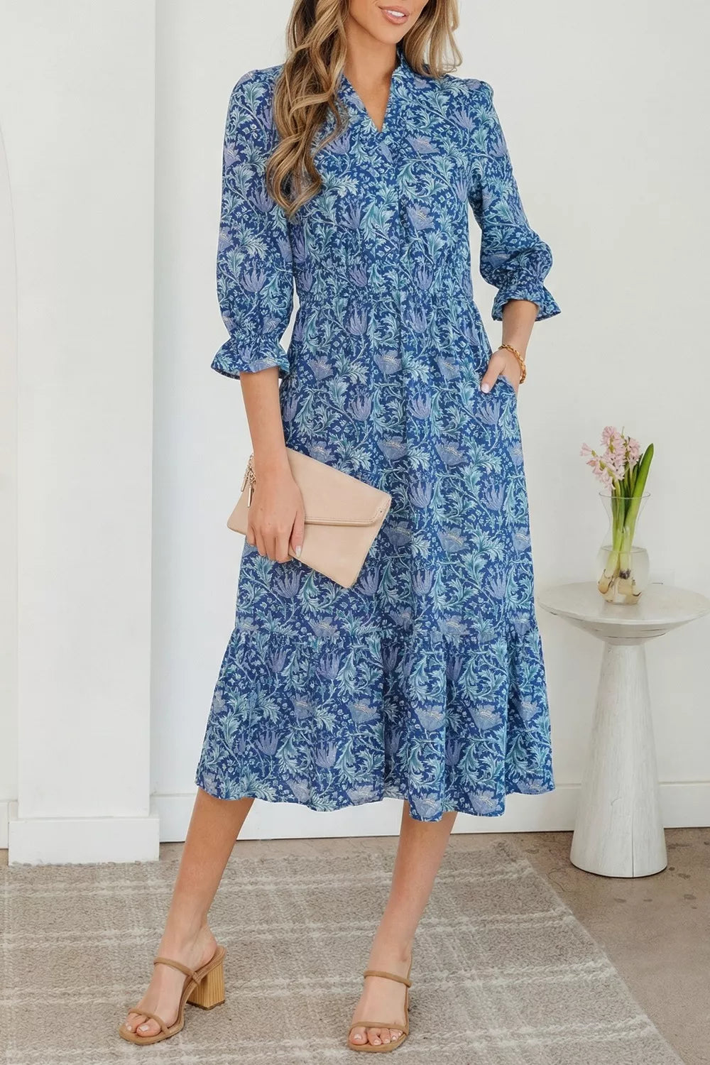 Floral Printed Frilled V Neck Bracelet Sleeve Long Dress
