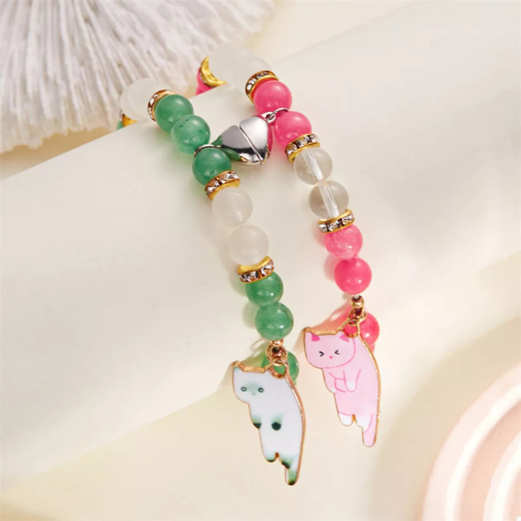 2 Piece Beaded Cat Charm Bracelet