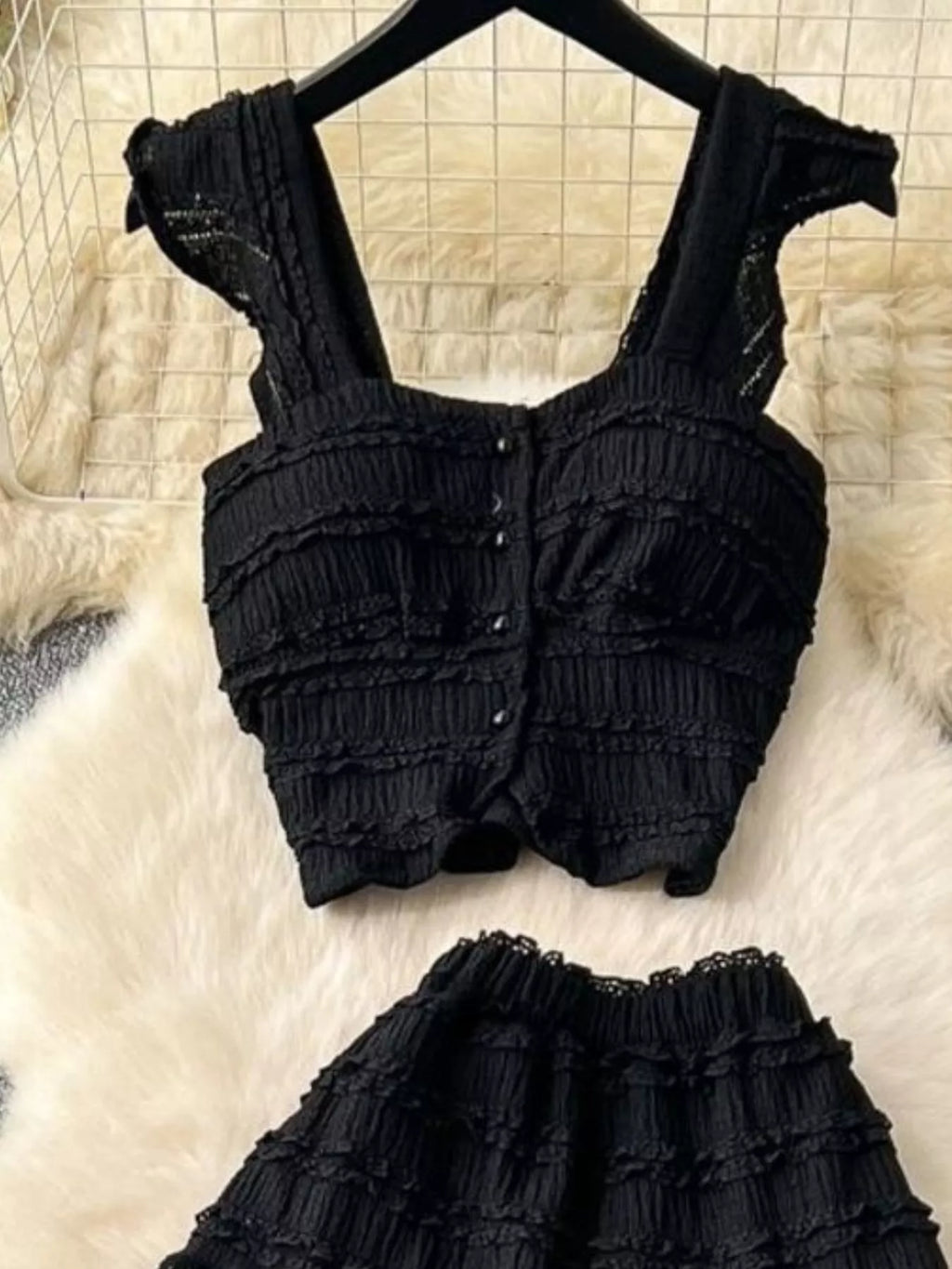 Textured Crop Top and Tiered Skirt Set
