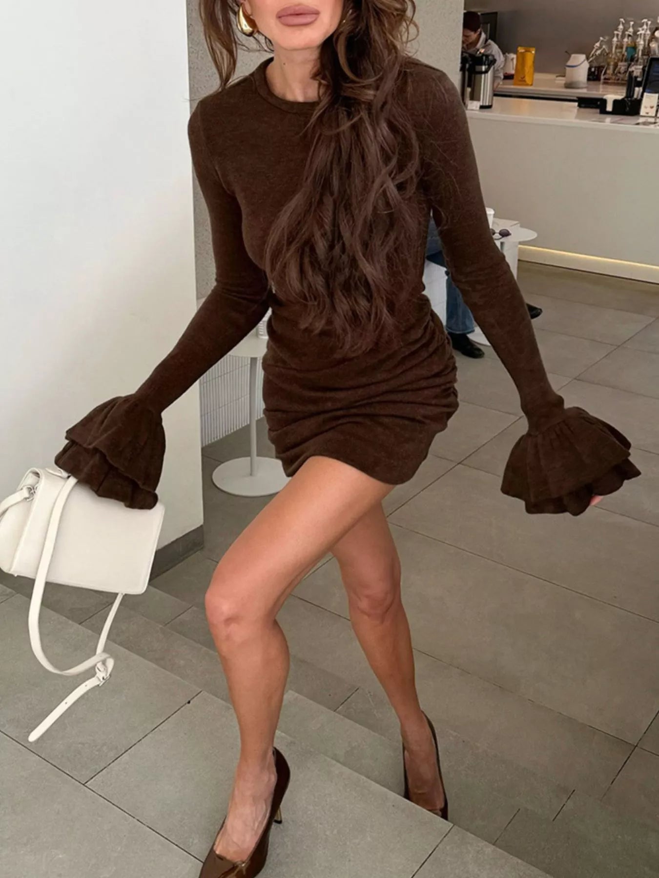 Ruched Flounce Sleeve Mini Dress