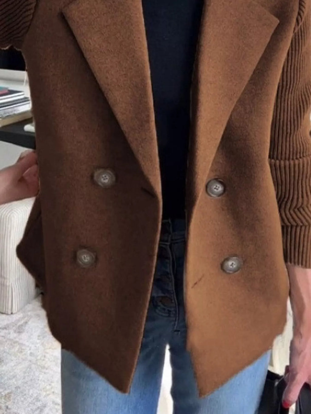 Full Size Knitted Sleeve Wool Blend Double-Breasted Blazer Plus Size