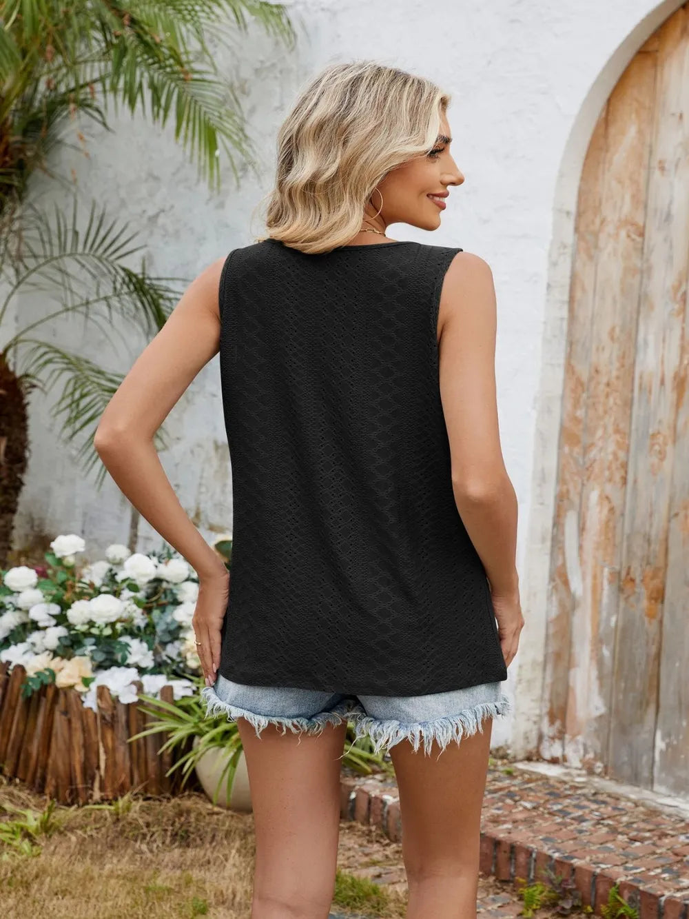 Eyelet Cutout Round Neck Tank