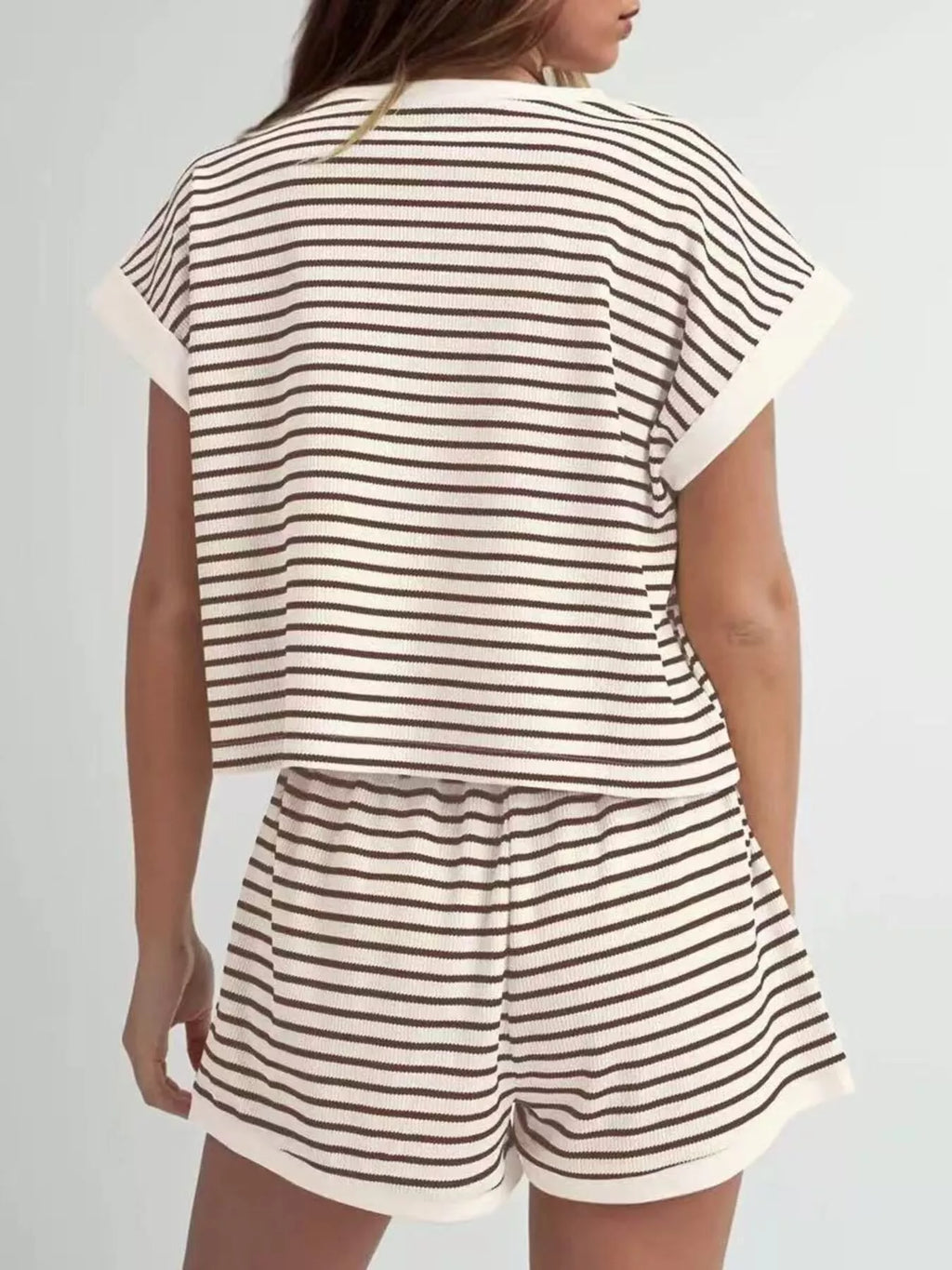 Full Size Striped Round Neck Top and Shorts Set Plus Size