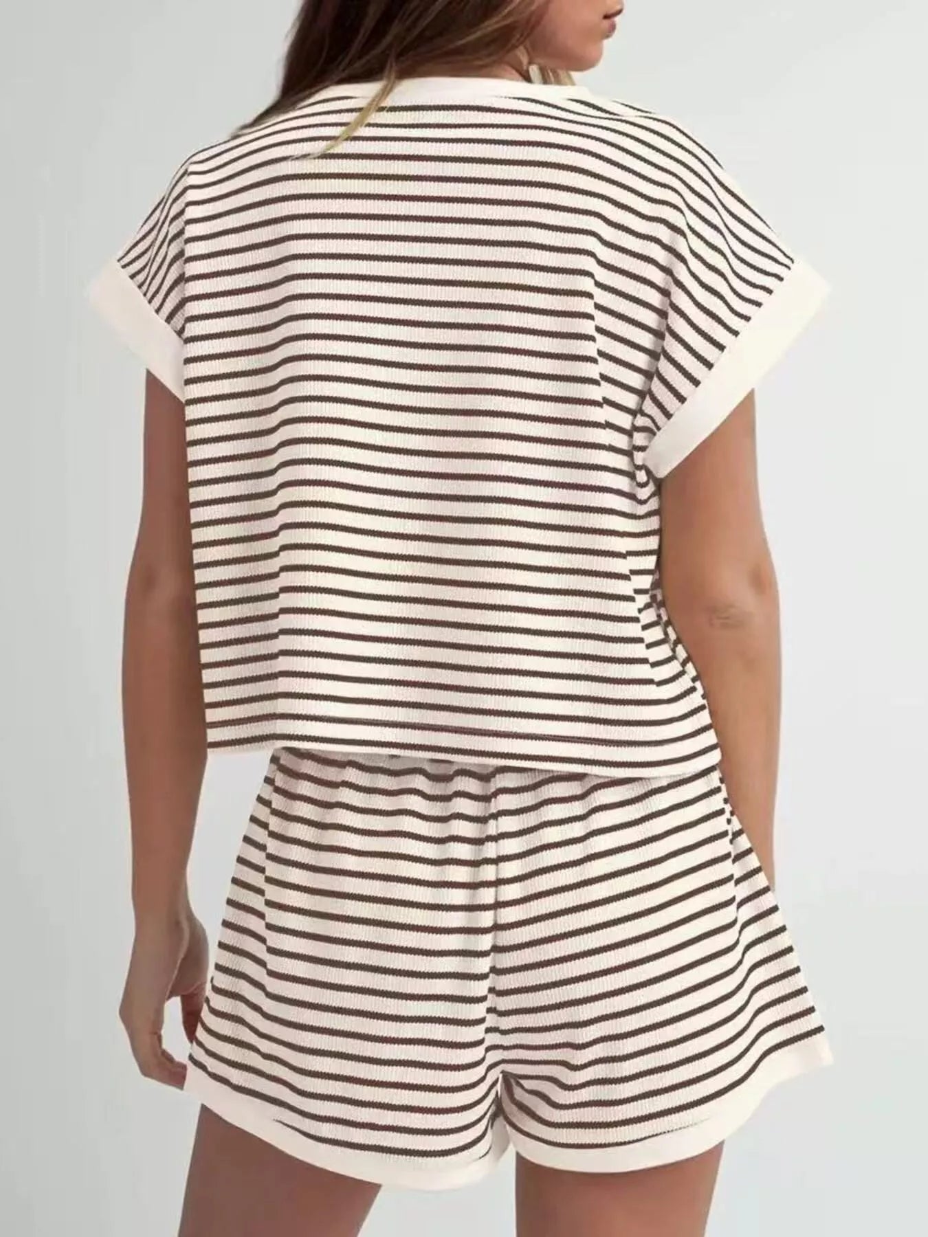 Full Size Striped Round Neck Top and Shorts Set Plus Size
