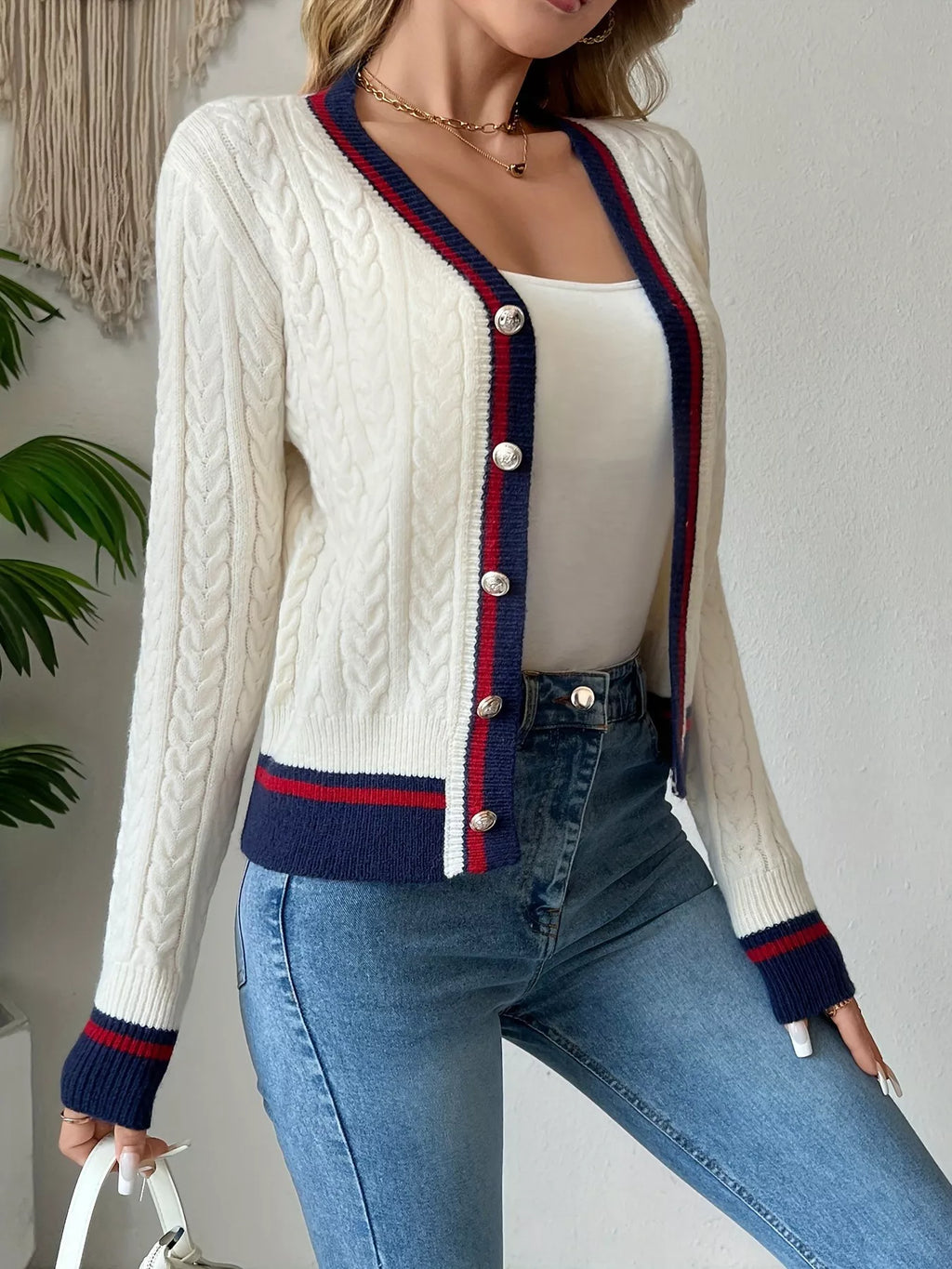 Contrast Trim Cable Knit Cardigan