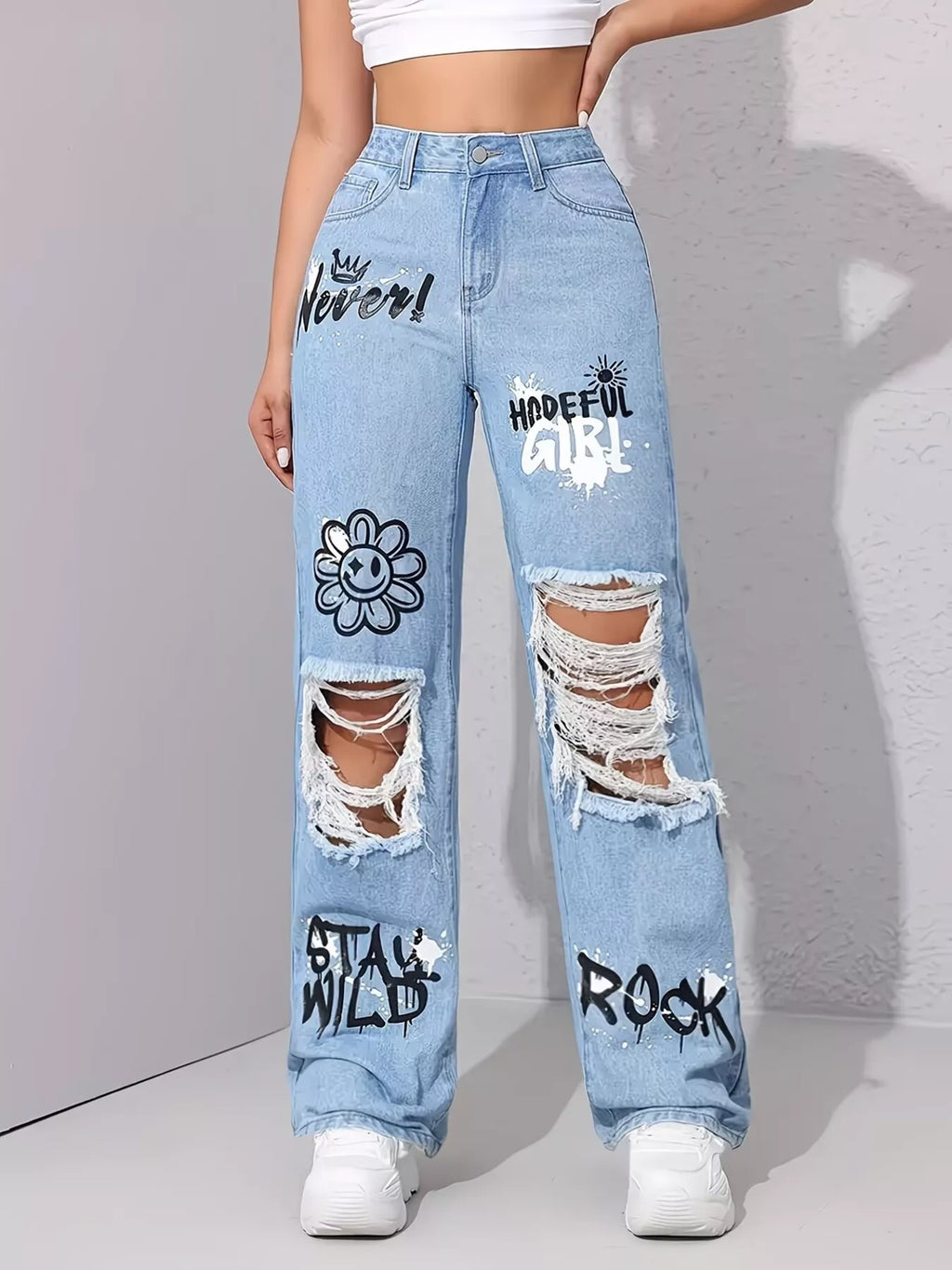Graffiti Distressed Wide Leg Jeans