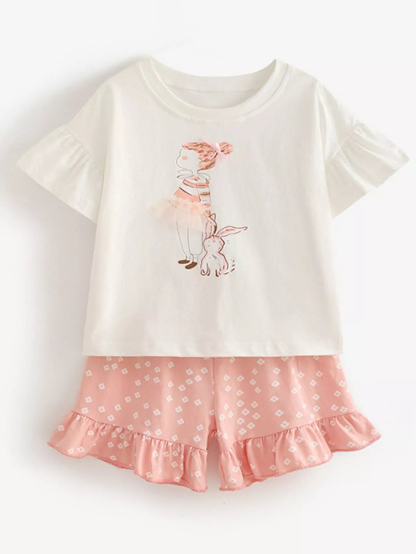 Children's Ruffled Sleeve Graphic Tee & Floral Ruffle Shorts Set