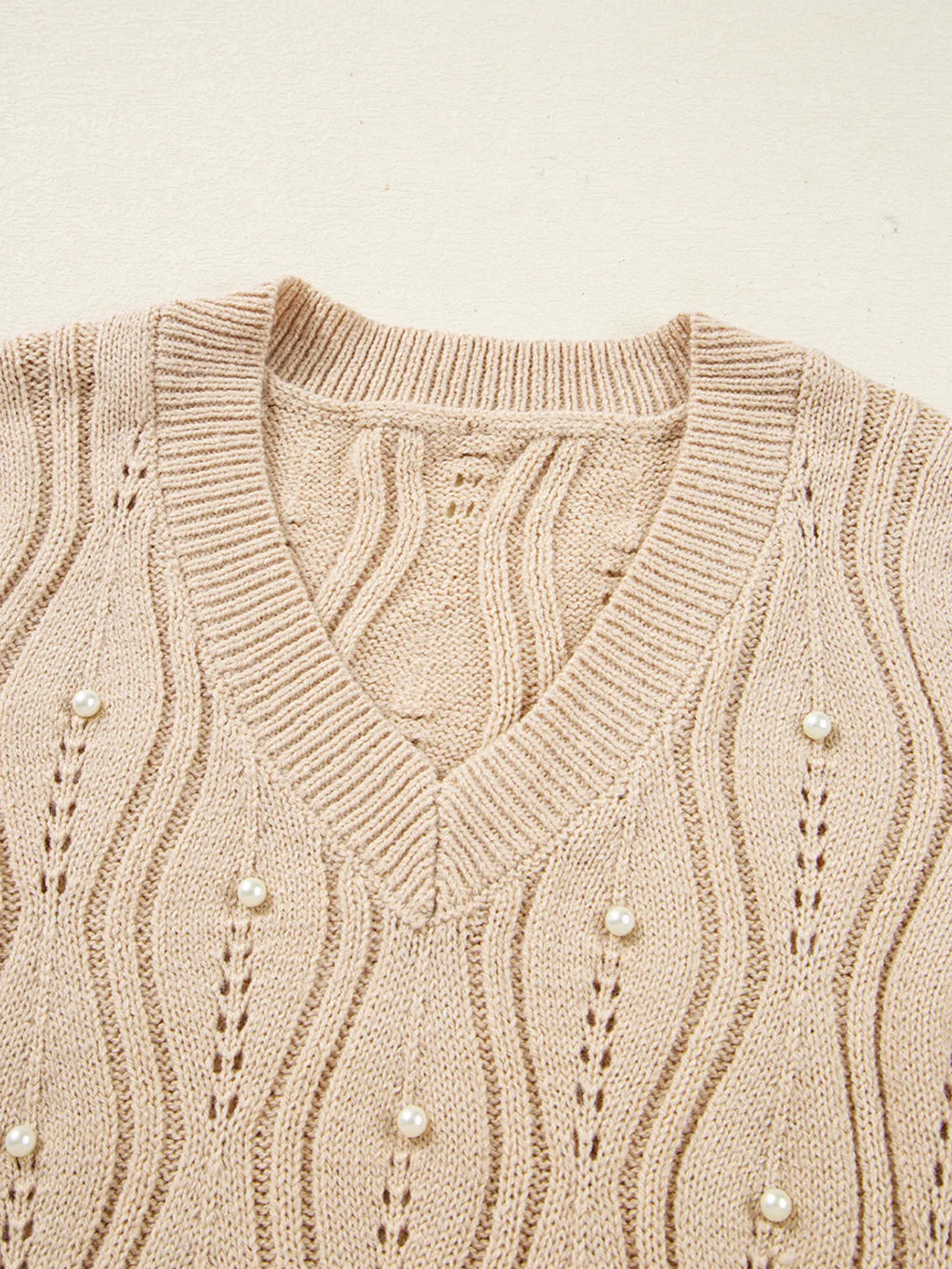 Pearl Beaded Pointelle Knit V Neck Lace Patchwork Sleeve Sweater