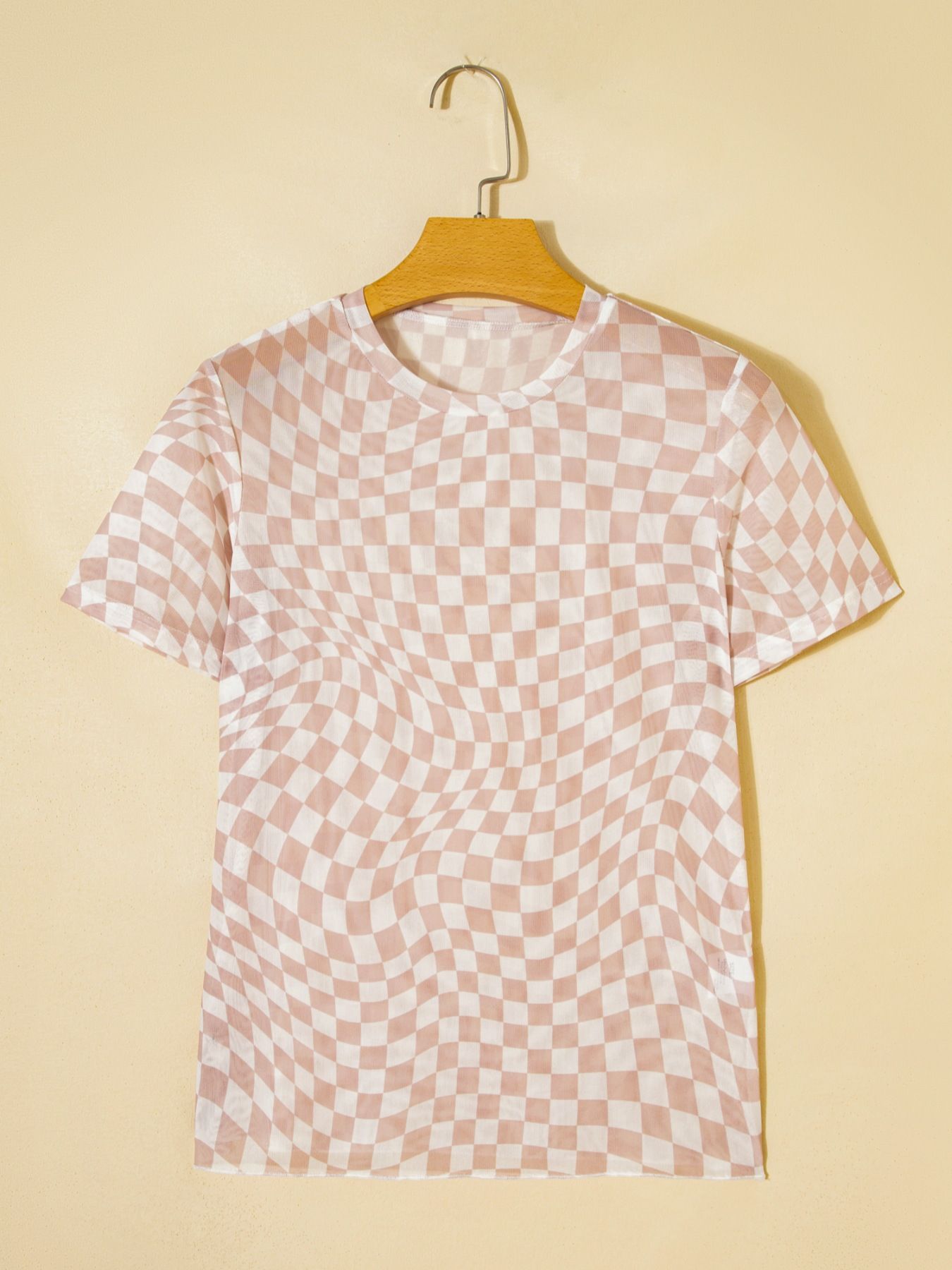 heckered Print Crew Neck Mesh T Shirt