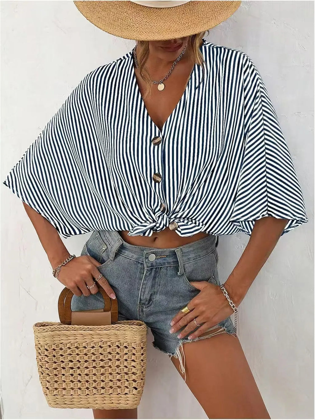 V-Neck Striped Batwing Sleeve Casual Blouse