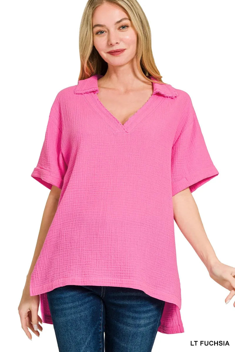 Zenana Double Gauze Short Sleeve High-Low Top