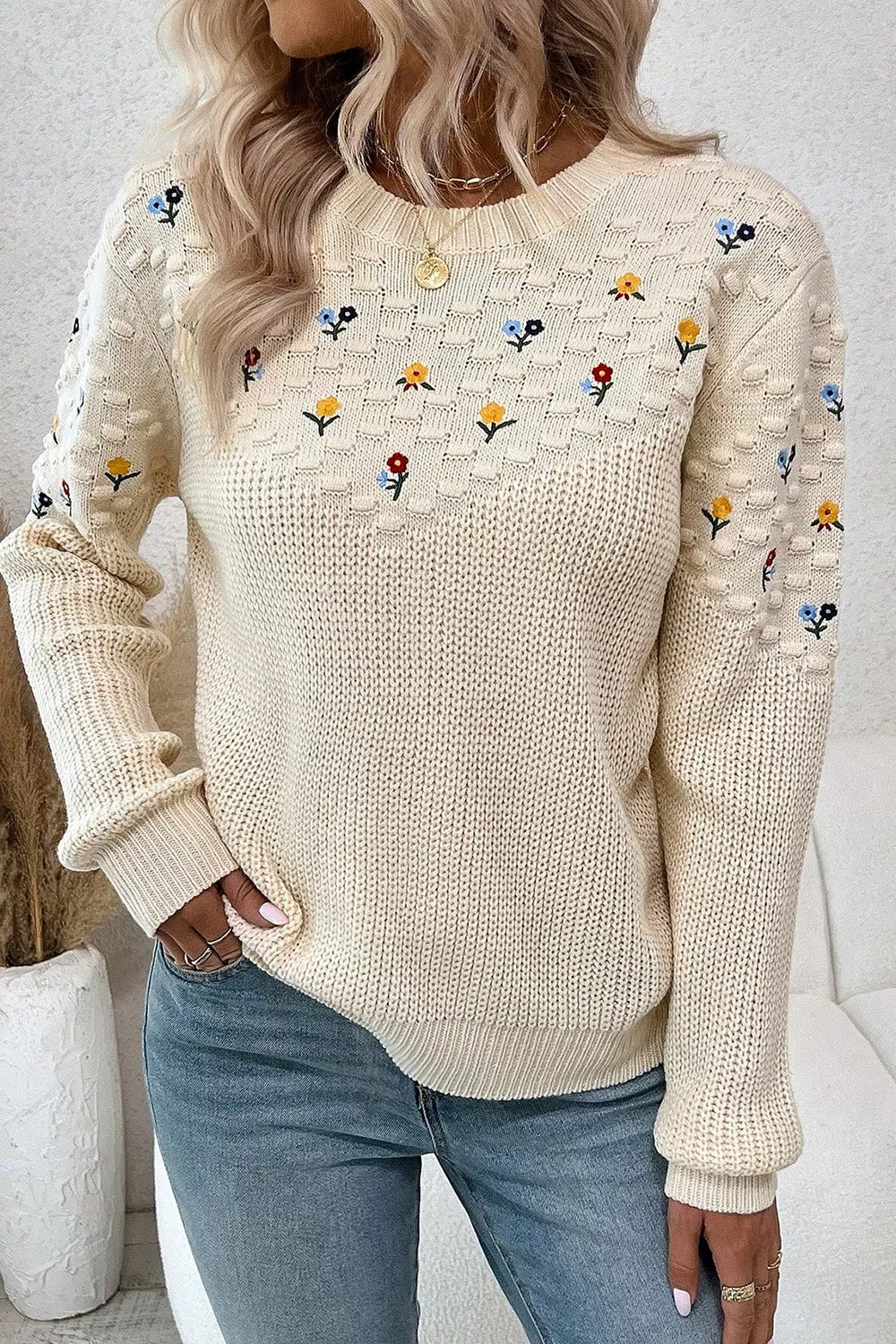 Floral Round Neck Dropped Shoulder Sweater