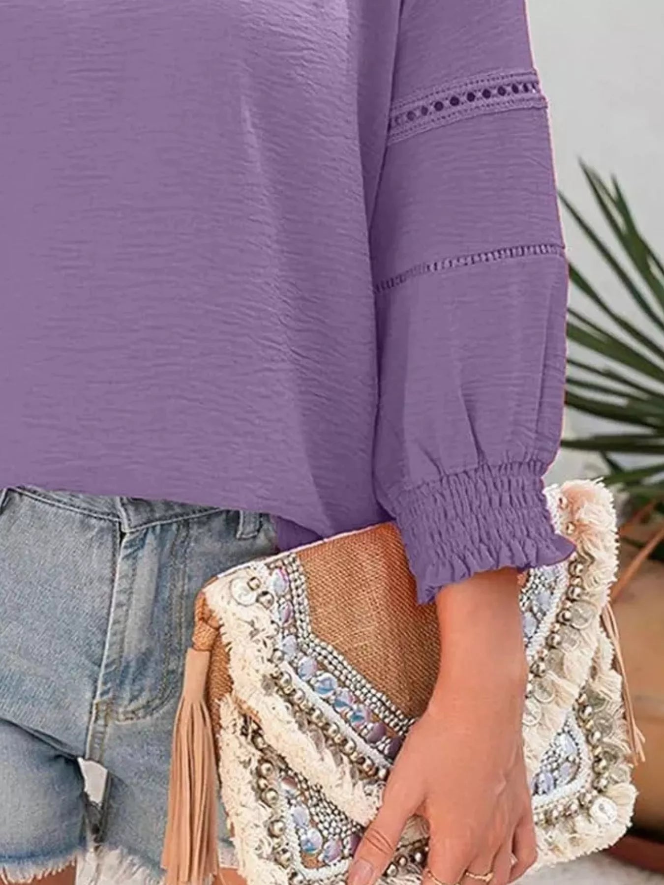 Solid Color Smocked Long Sleeve Blouse