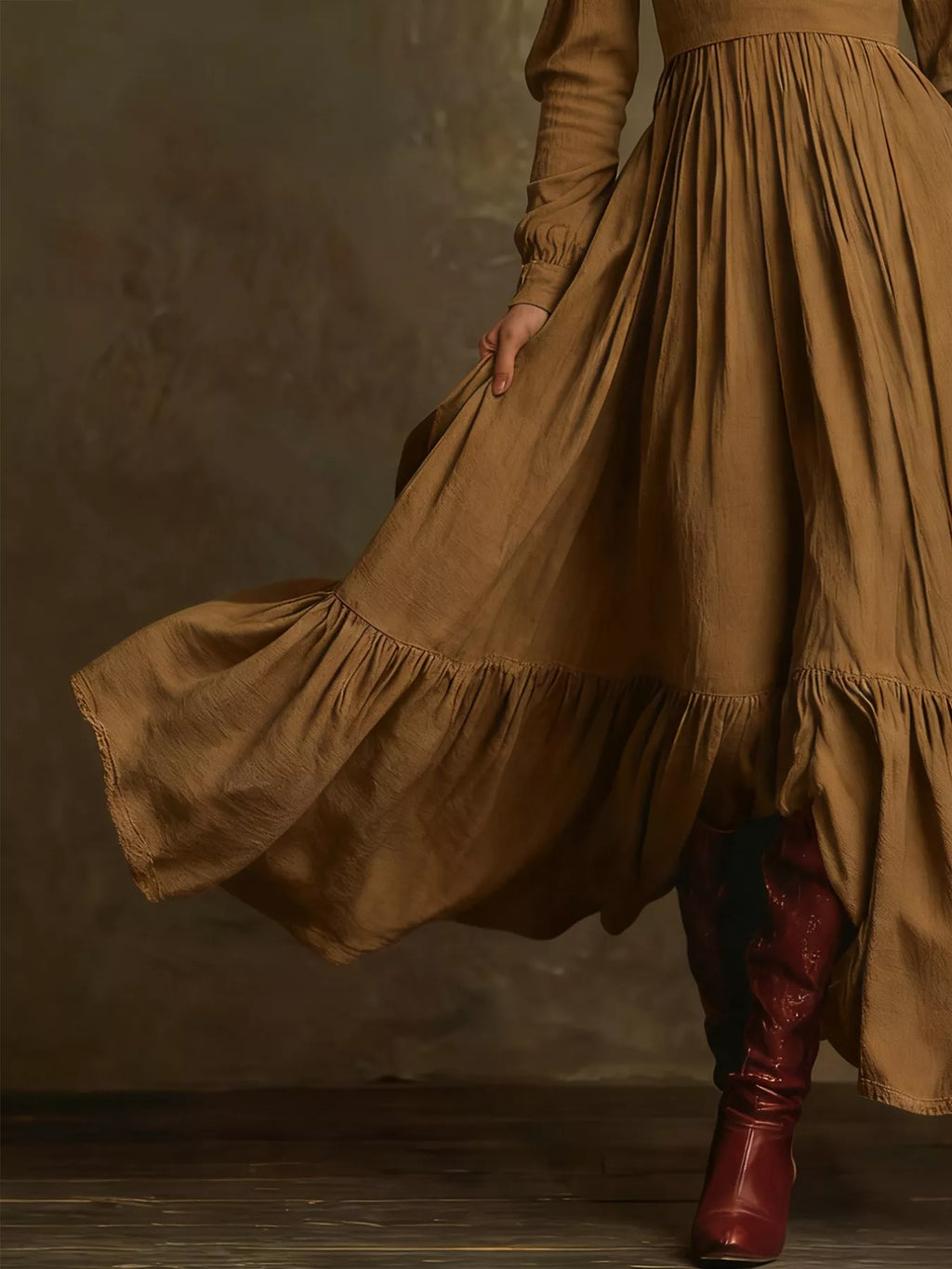 V-Neck Long Sleeve Ruffle Hem Dress