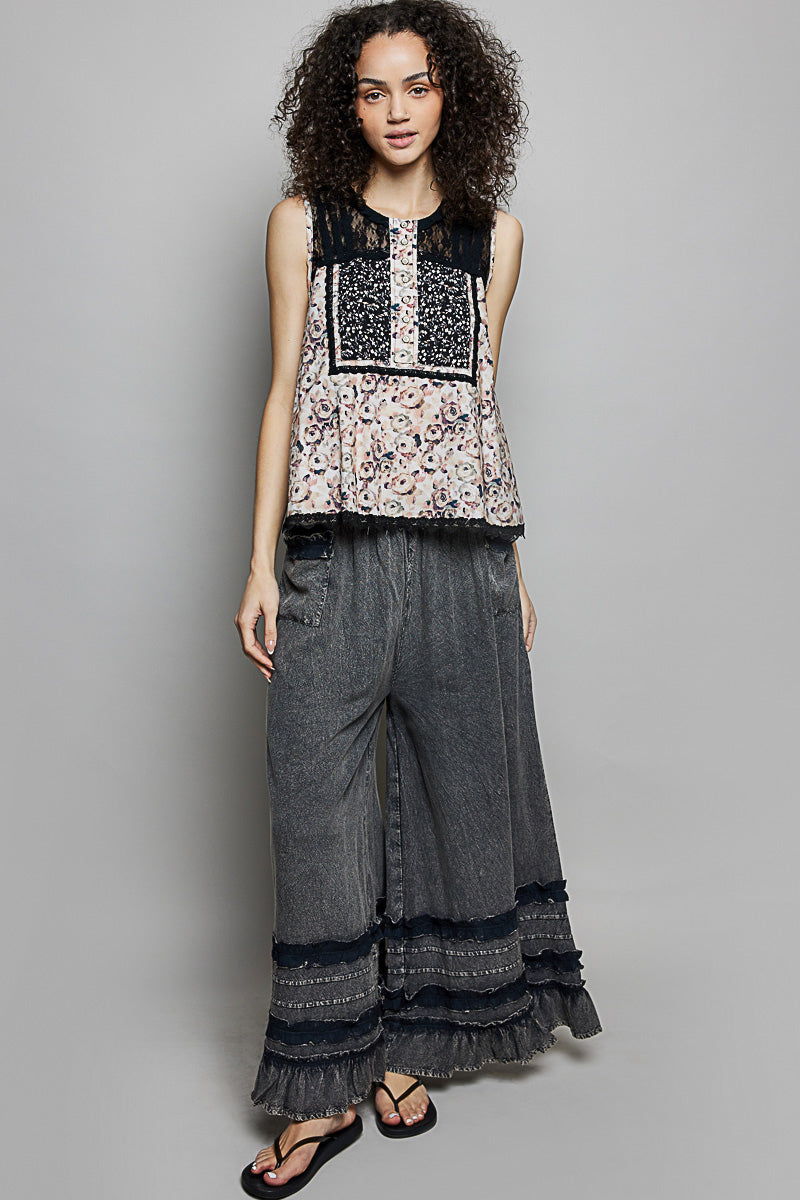 POL Printed Woven Lace Back Round Neck Sleeveless Top