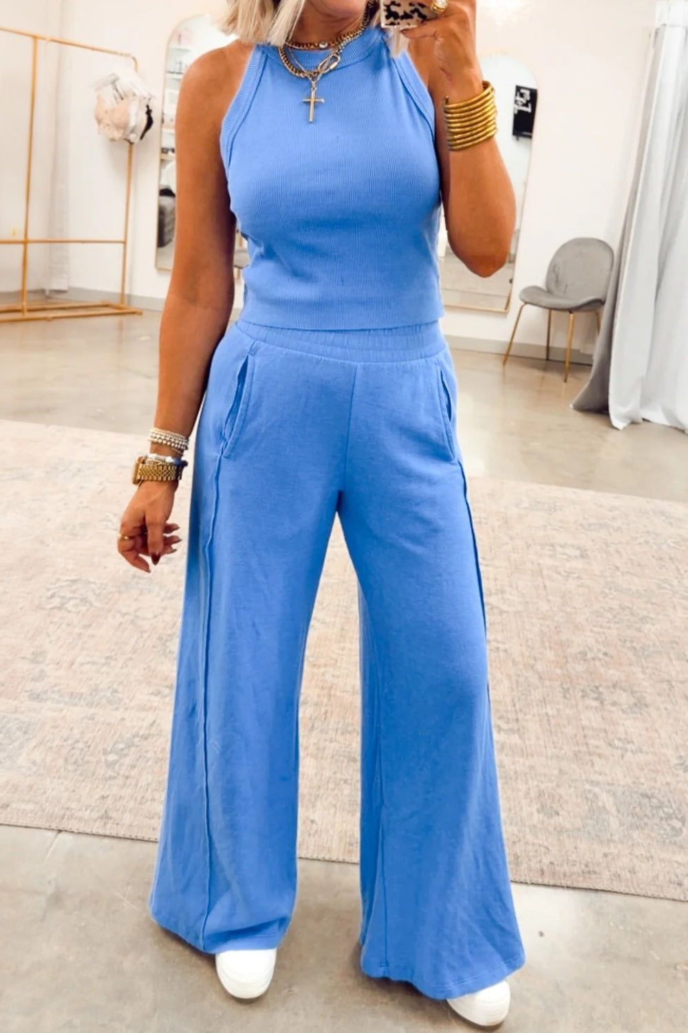 Slim Ribbed Tank Top and Sweatpants Set
