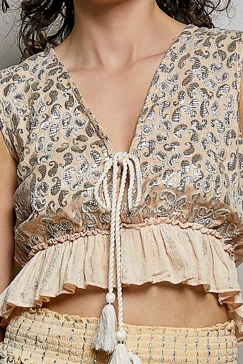 POL Shimmer Pattern Deep V Tie Front Tassel Ruffle Hem Sleeveless Crop Top