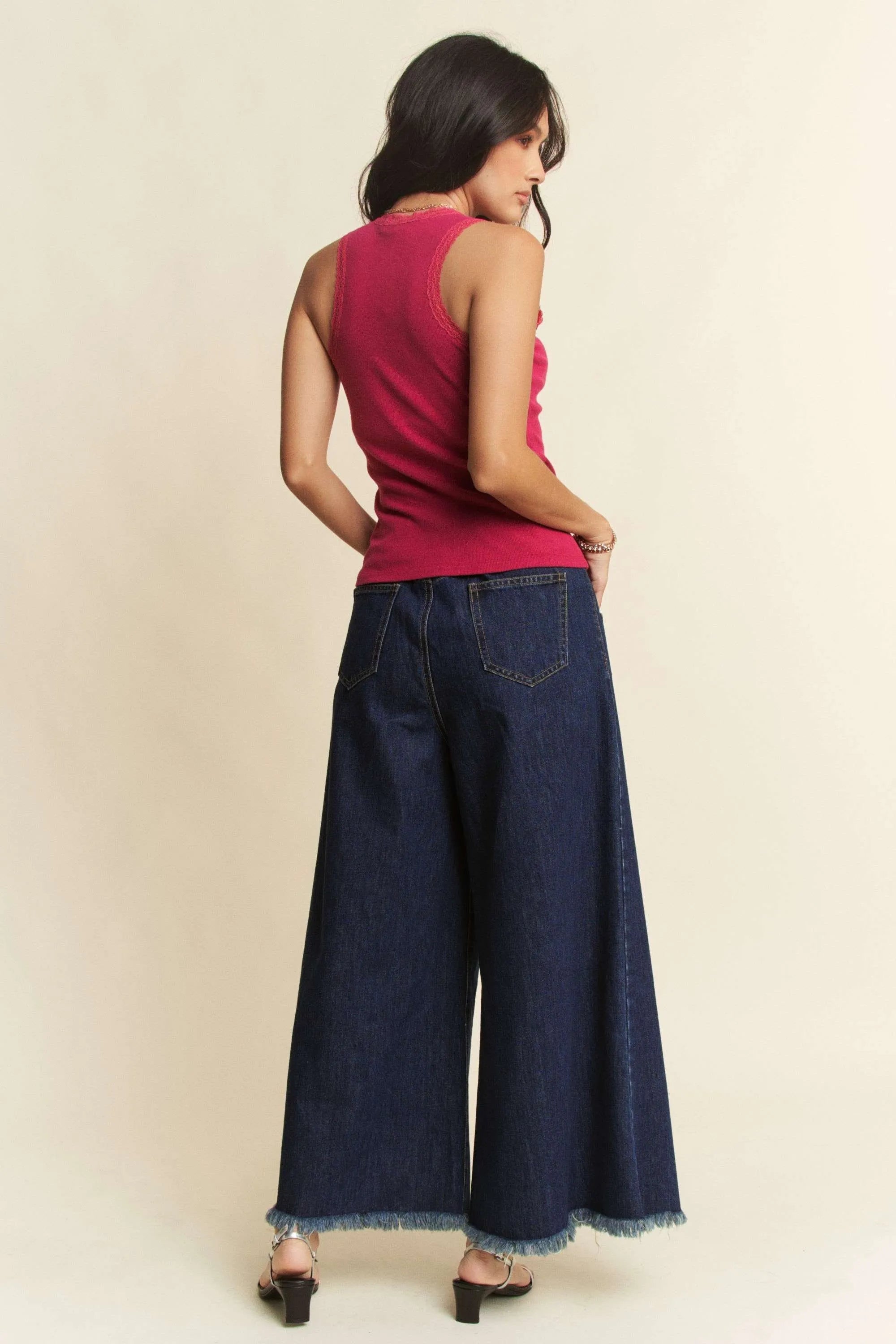 Davi & Dani Patch Pocket Wide Leg Culotte Jeans