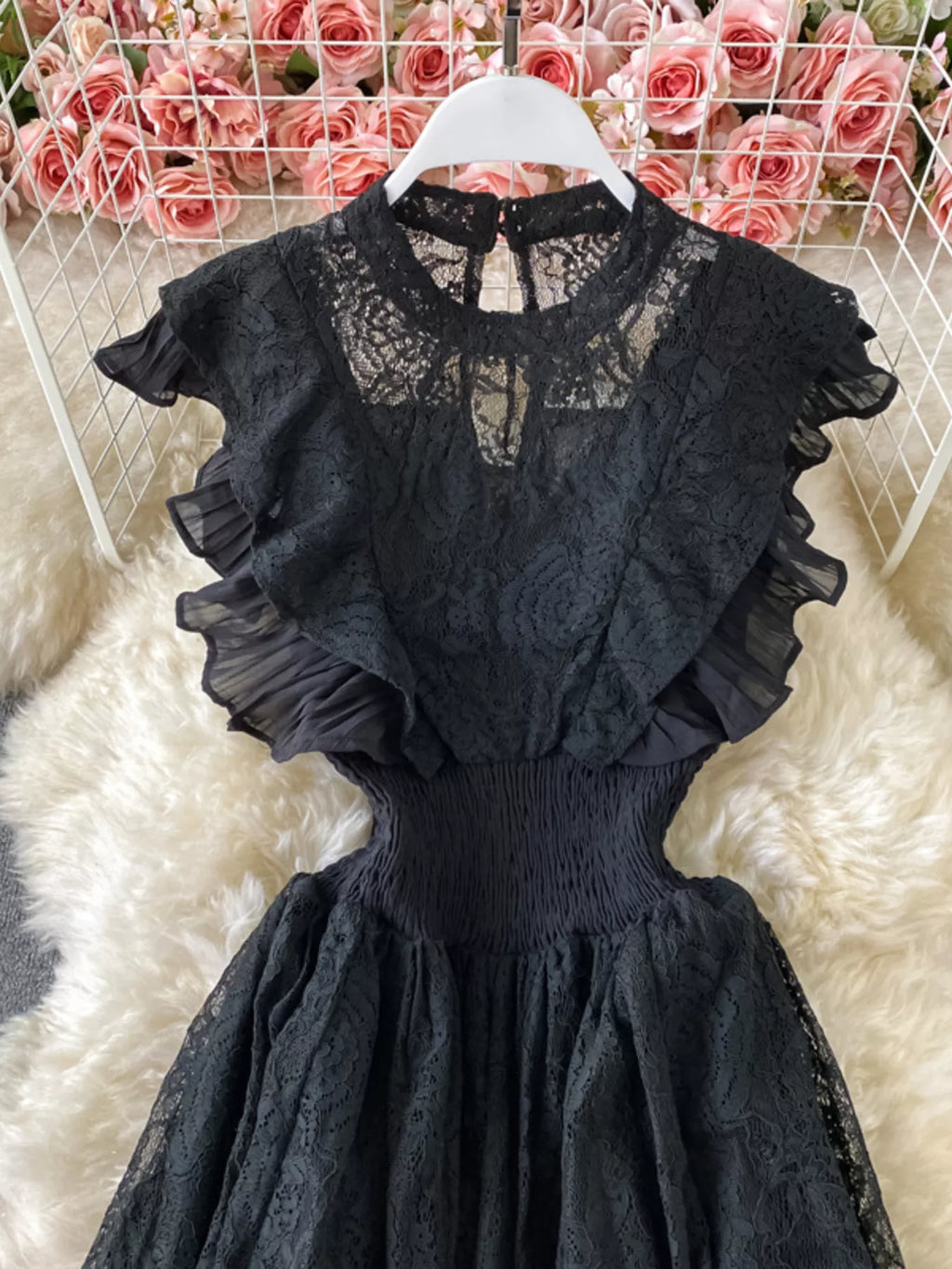 Ruffled Mock Neck Lace Maxi Dress