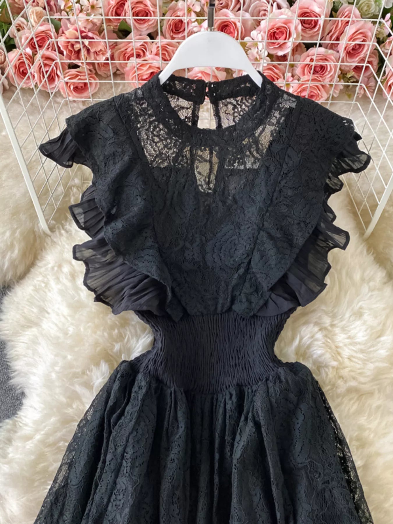 Ruffled Mock Neck Lace Maxi Dress
