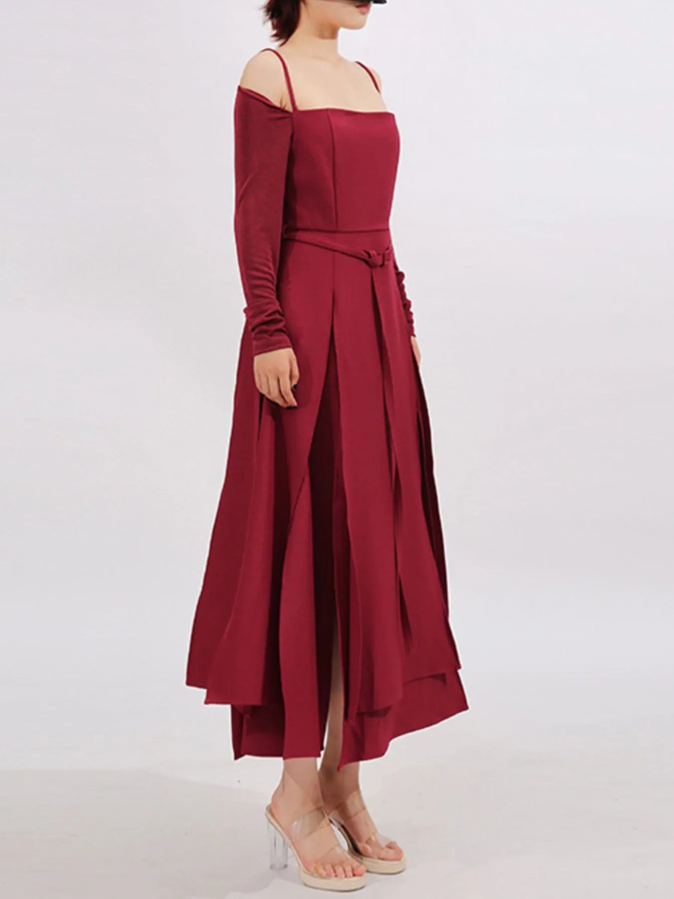 Slit Spaghetti Strap Long Sleeve Dress