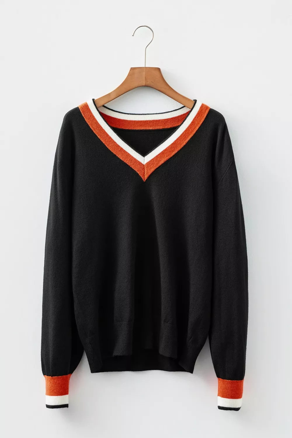 Contrast Striped Trim V Neck Varsity Sweater
