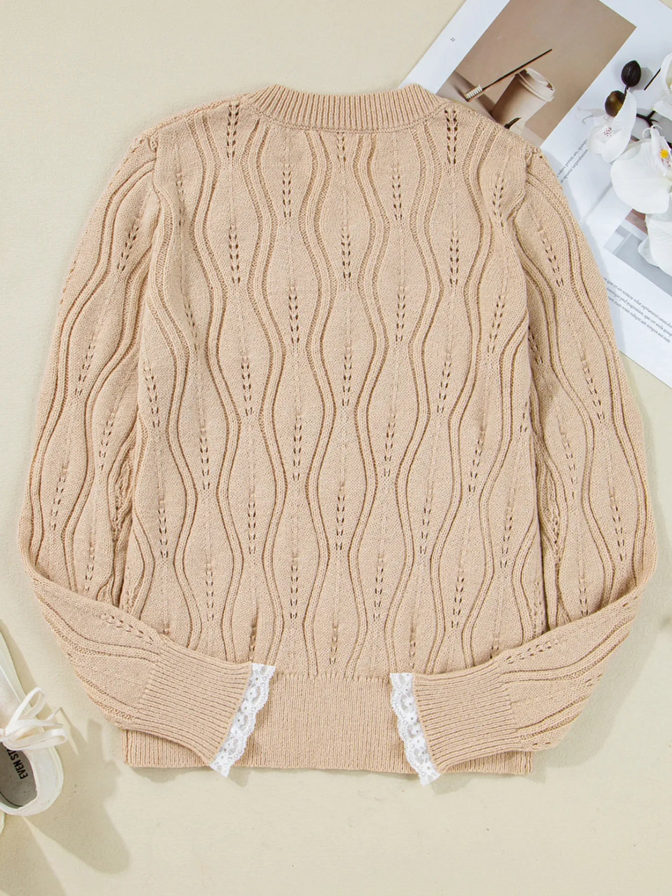 Pearl Beaded Pointelle Knit V Neck Lace Patchwork Sleeve Sweater