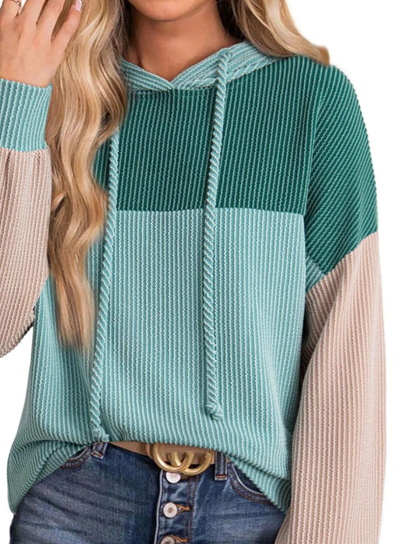 Drawstring Color Block Long Sleeve Hoodie