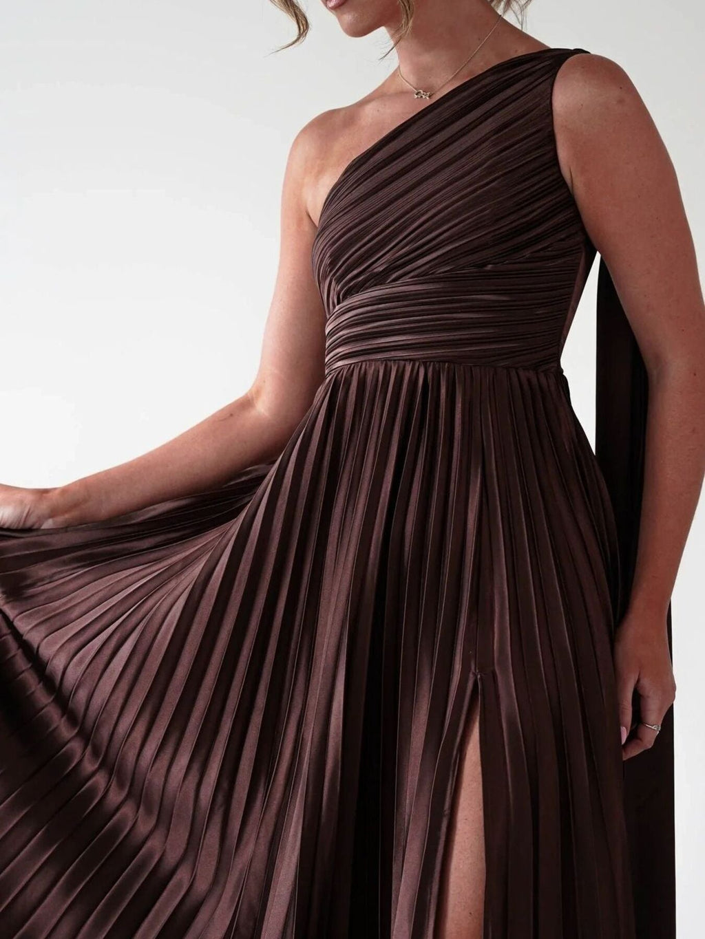 One-Shoulder Pleated Slit Maxi Dress
