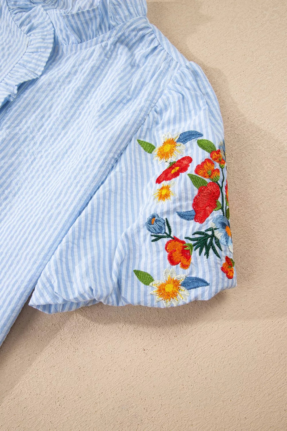 Stripe Floral Embroidered Puff Sleeve Ruffle Trim Shirt