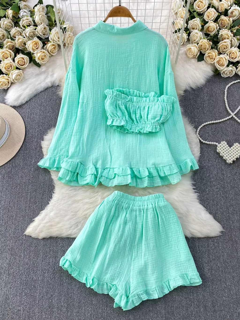Tube Top & Long Sleeve Shirt & Shorts 3 Piece Set
